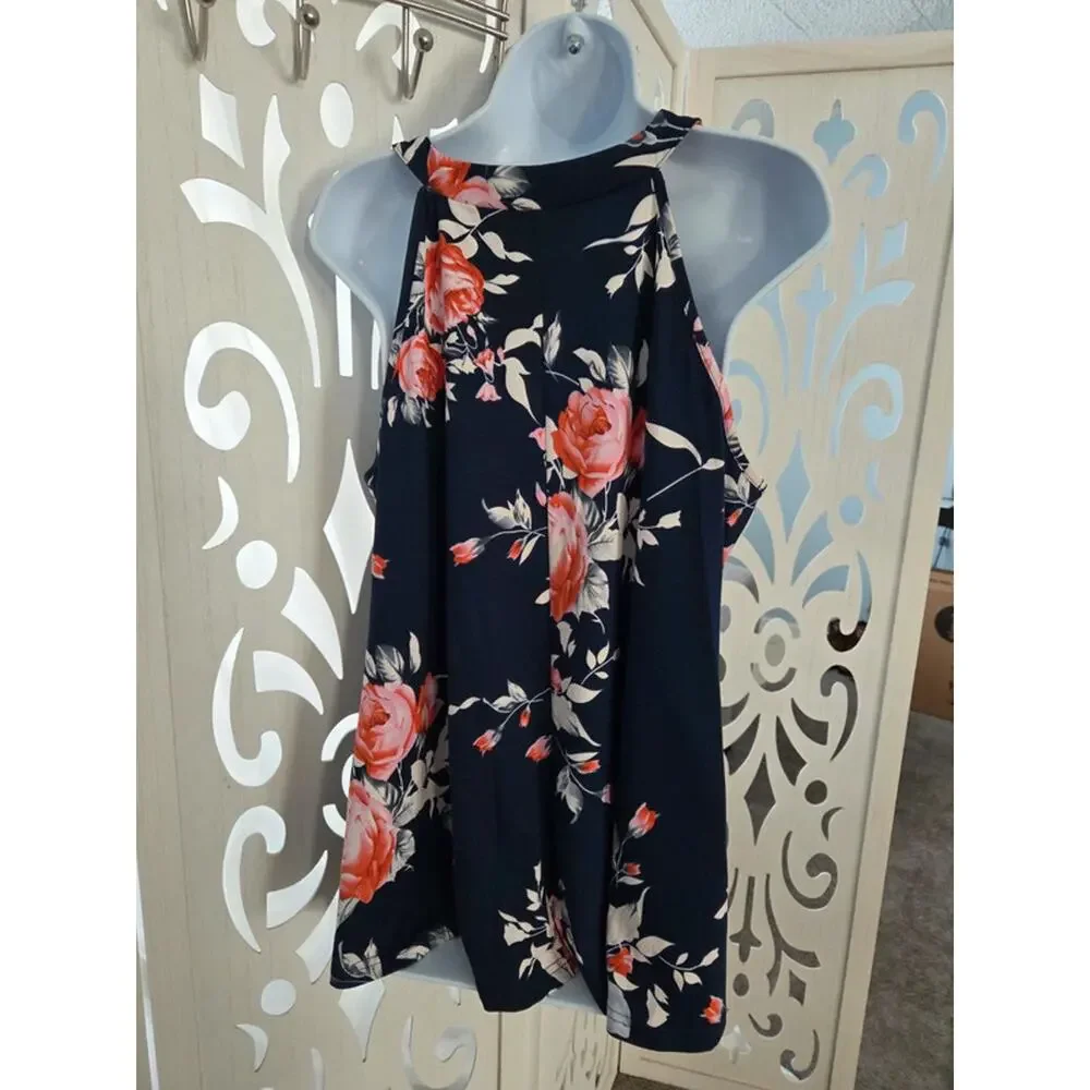 Bloomchic Floral Halter Tank Womens 12 Navy Sleeveless Flow Top Stretch